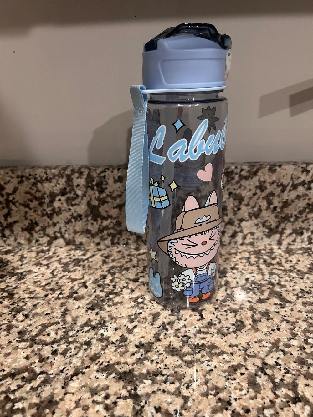 Lab ubu water bottle clear blue hat flower BPA-free plastic 24 oz school travel